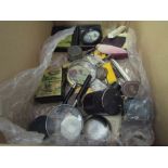 A box containing smalls including compacts, magnifying glass etc.