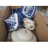 Two boxes of dinnerwares and ceramics including Duchess blue and white