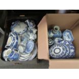 Four boxes of mixed 19th Century and later blue and white ceramics including Spode