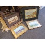 A box of pictures including framed and glazed watercolours of rural landscapes and a Pierpaolo