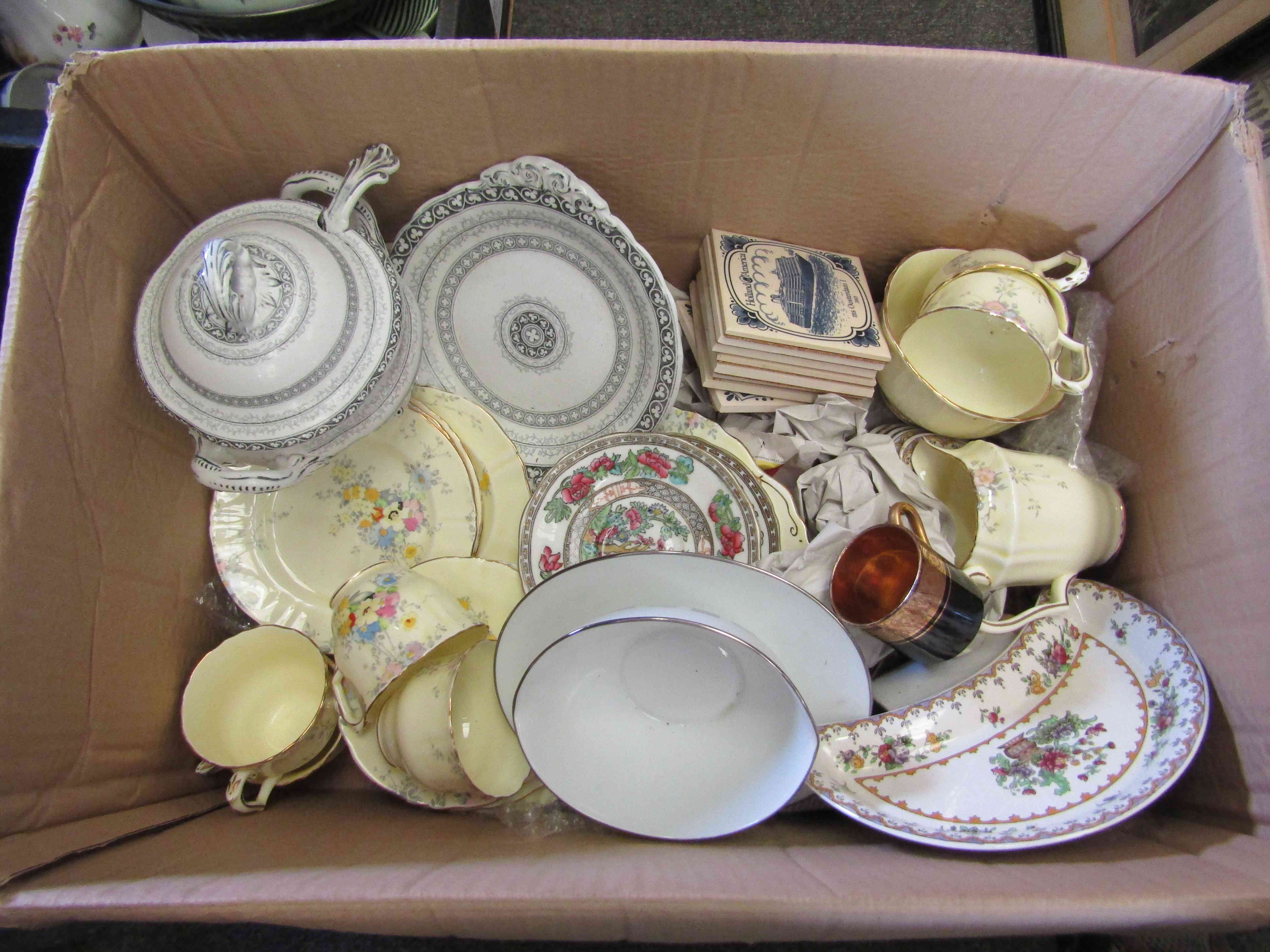 Two boxes of ceramic tea and dinnerwares, bowls and plates including Crown Derby etc.