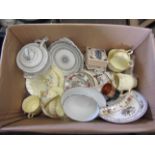 Two boxes of ceramic tea and dinnerwares, bowls and plates including Crown Derby etc.