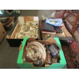 Three boxes of mixed silver plated cutlery (loose and boxed) tea wares, trays and muffin dishes etc.