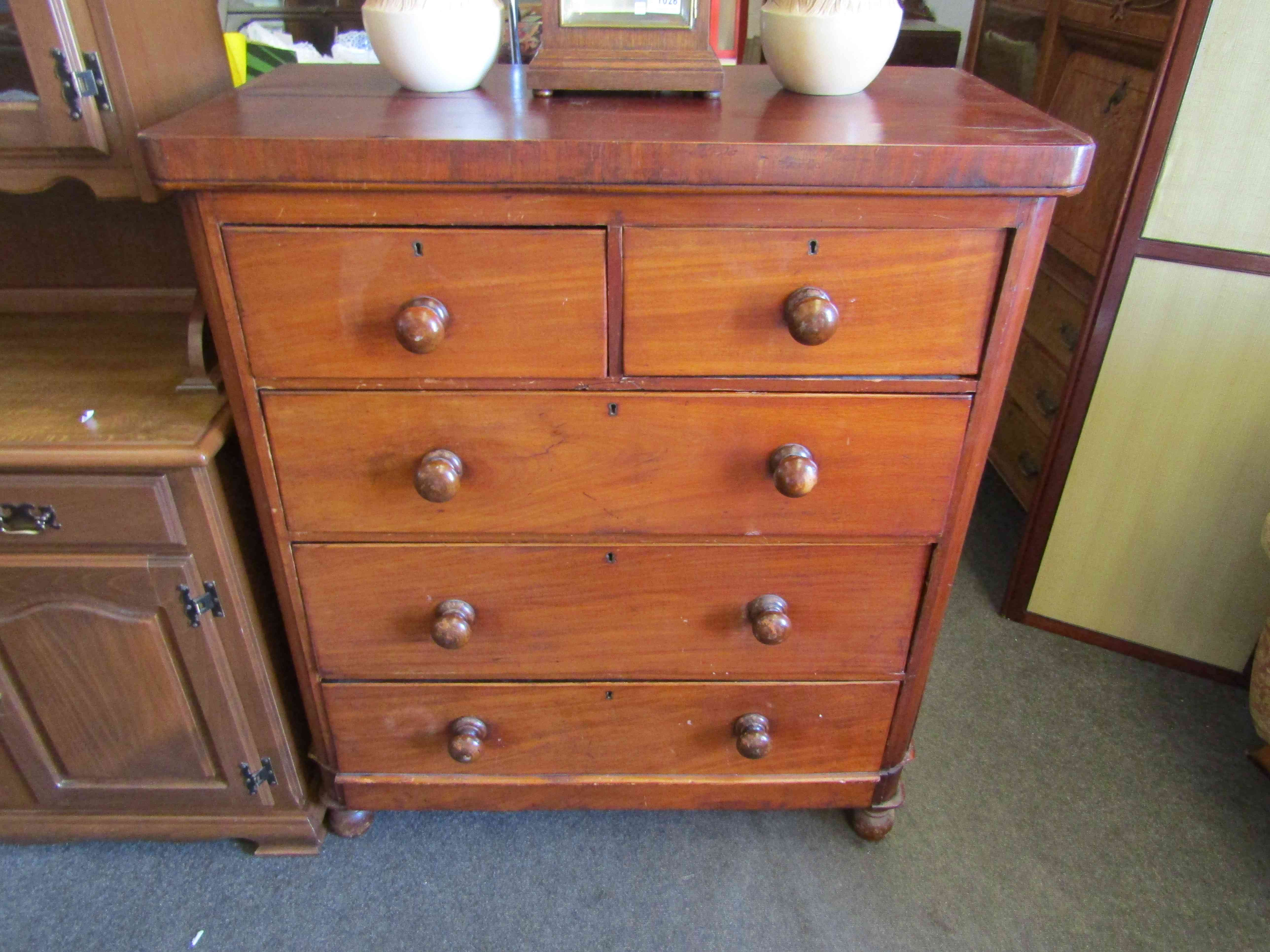 A Victorian two over three round cornered chest of drawers with bun handles, a/f,