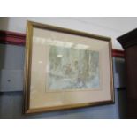 A Russell Flint print, gypsies outside Church, framed and glazed,