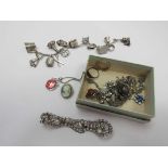 A white metal charm bracelet hung with various charms, earrings,