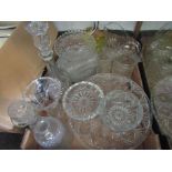 A box of cut and moulded glassware and an art glass bird figure