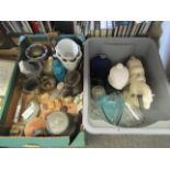 Two boxes of mixed items including pewter and brass, jelly moulds, glass bottles and dishes,