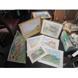 A box of assorted pictures and prints including beach