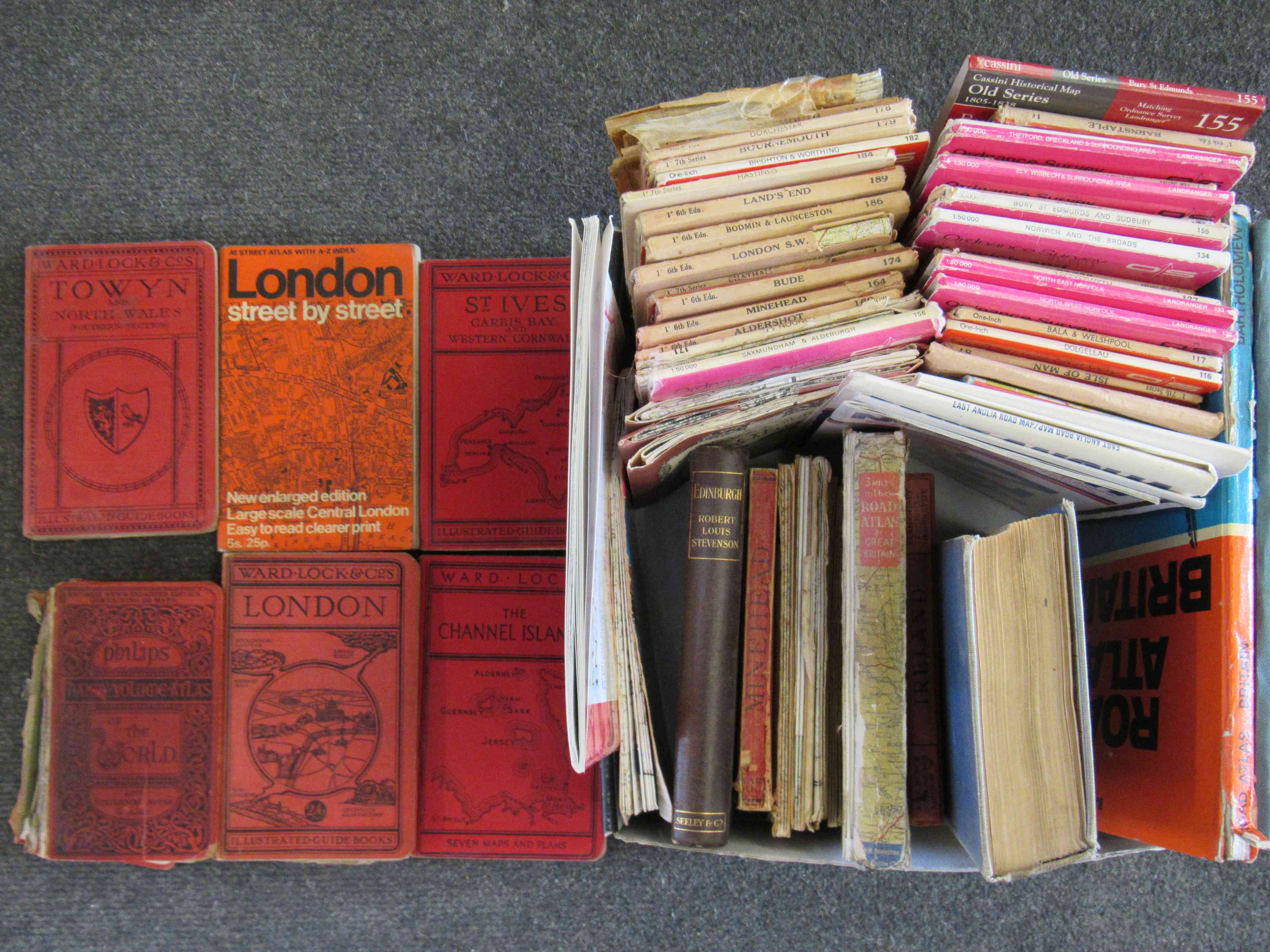 A box of Ordnance Survey and other folding maps, Ward Lock guides etc.