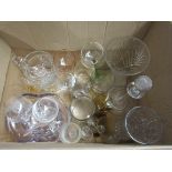 A box of assorted cut and moulded glass including vases, drinking glasses,