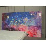 A large abstract painting on board with internal fairy lights