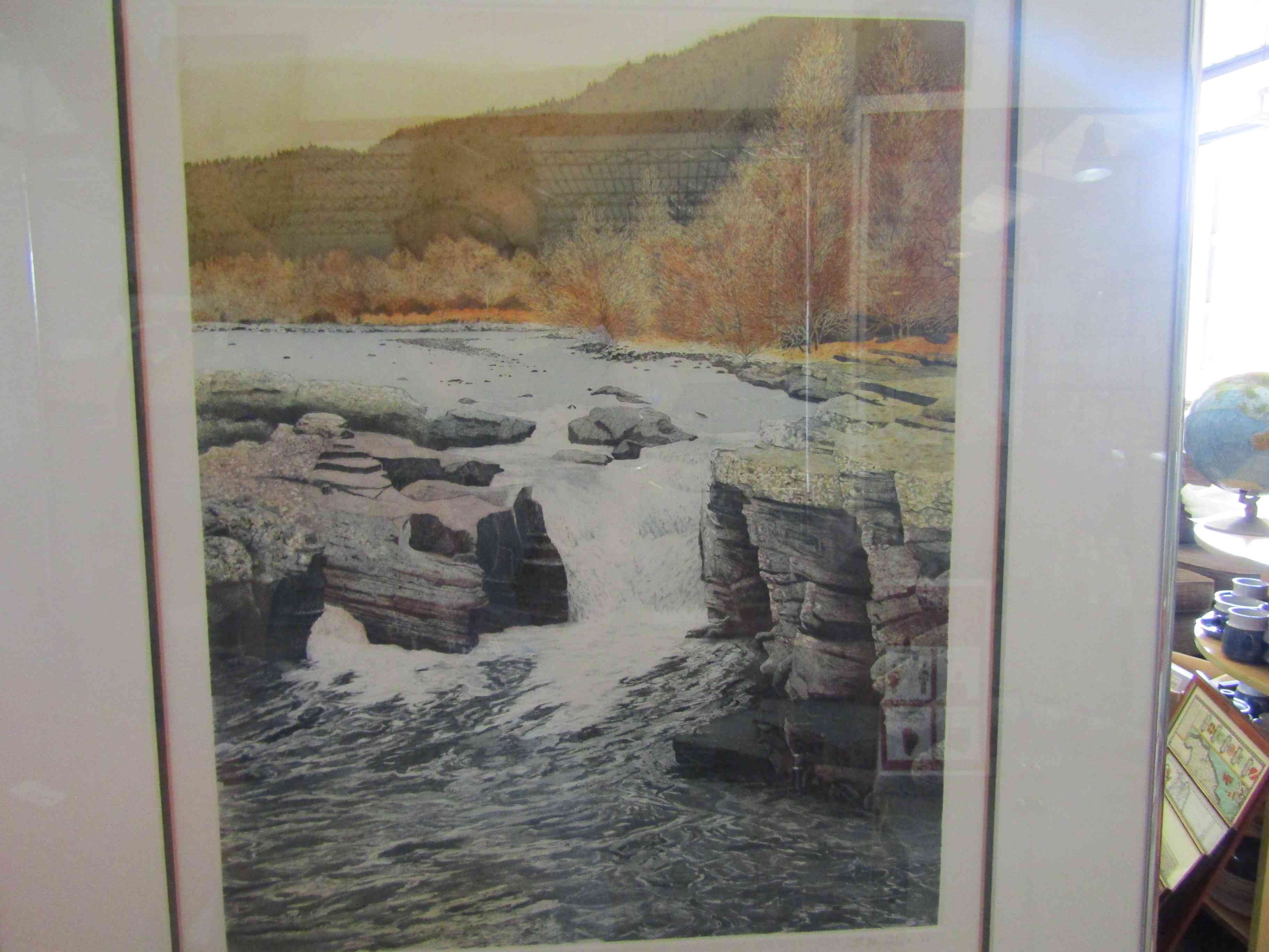 A limited edition print "River Morriston" rapids in river bend, by Gilbert Browne, 148/250,