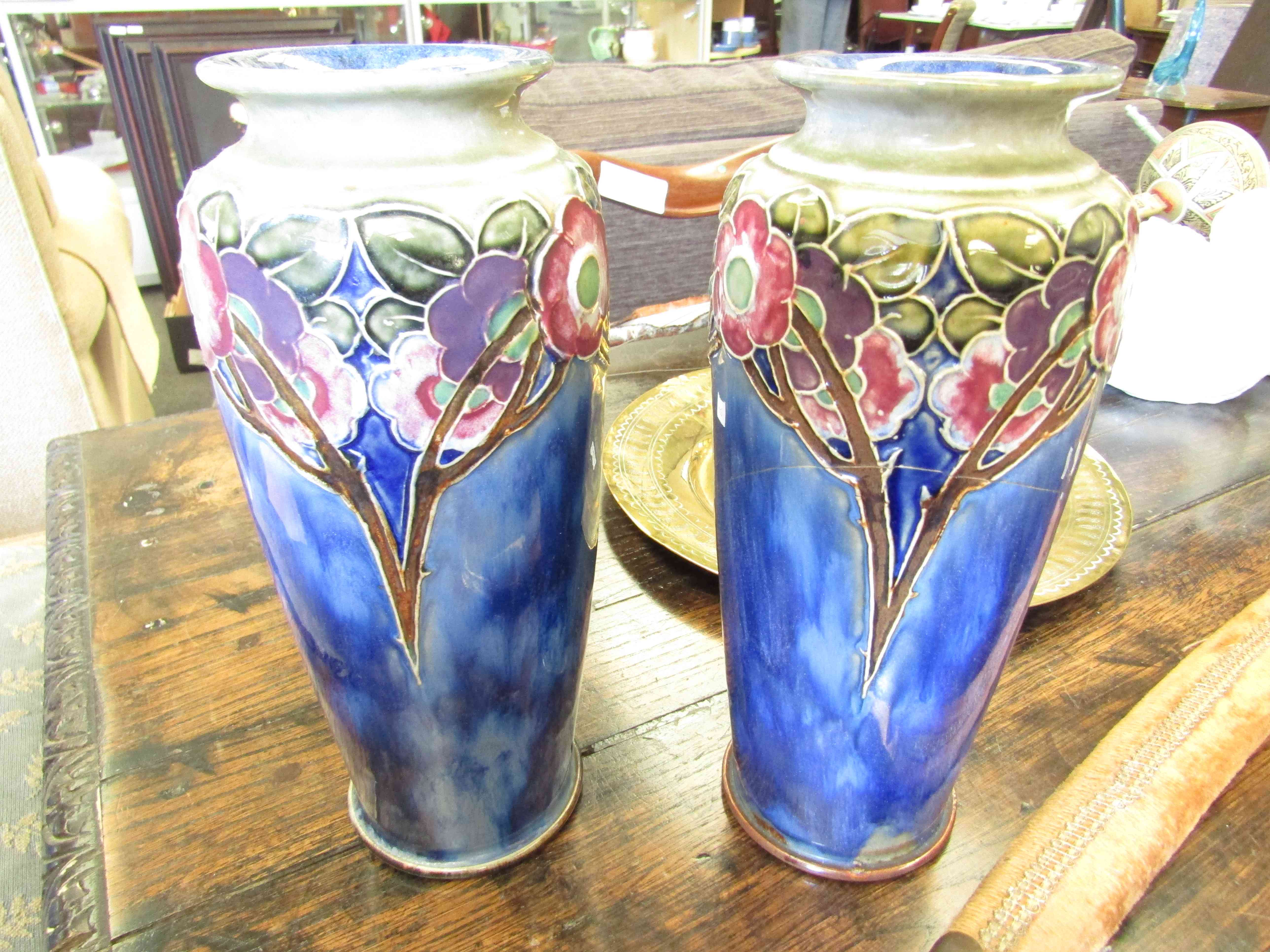 A pair of late 19th Century Royal Doulton floral relief vases, 26cm tall (one a/f), - Image 2 of 2