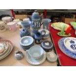 Assortment of Wedgwood Jasper ware including a teapot, cream jug, lidded pots, a pair of vases,