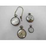 A gunmetal cased keyless fob watch and three pocket watches (two silver cased) including Hebdomos 8