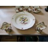 A Meissen bird patterned plate (badly chipped) and a pair of Victorian Rococo style floral table