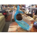 A vintage Murano art glass cornucopia fish vase, blue and clear, Sommerso C.