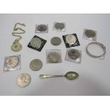 A silver bangle and a small quantity of coinage etc.