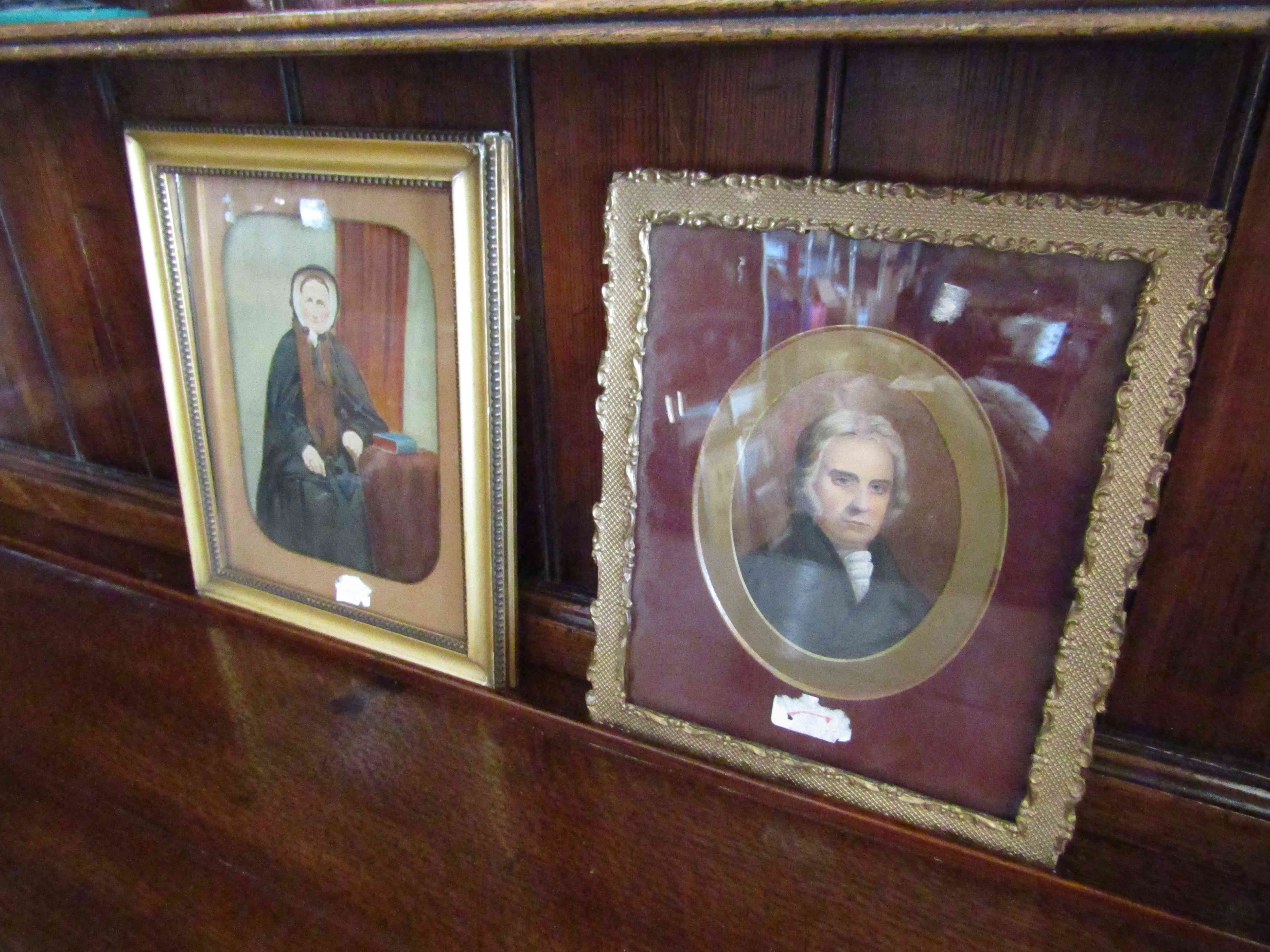 A gilt framed and glazed overpainted portrait of a lady and a framed and glazed portrait of grey