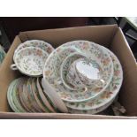 A box containing dinner wares including Minton "Haddon Hall" pattern