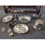 A quantity of silver plate including biscuit barrel, entree dishes, teapot and goblets etc.