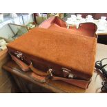 A vintage tan suede briefcase with canvas cover monogrammed K.G.