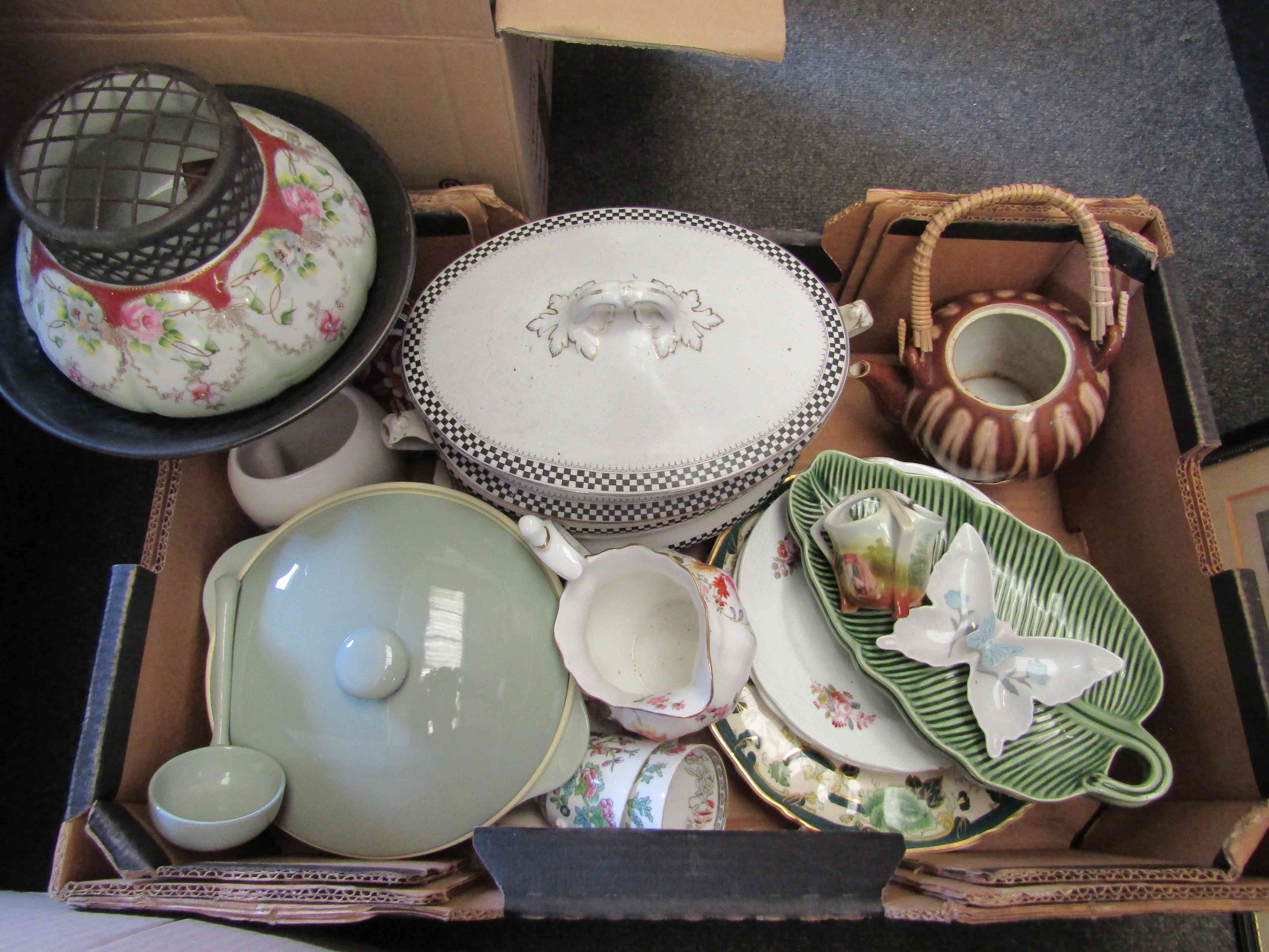 Two boxes of ceramic tea and dinnerwares, bowls and plates including Crown Derby etc. - Image 2 of 2