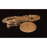 An 1895 gold half sovereign in pendant mount, hung on a gold chain stamped 9kt, 46cm long, 13.