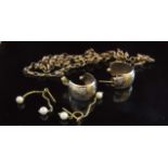 A 9ct gold chain a/f, pair of 9ct gold earrings and a pair of 9ct gold double pearl drop earrings,