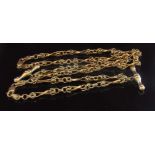 A gold fancy link necklace with T-bar stamped 375, 46cm long and a matching bracelet, 18cm long, 10.