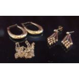 Two pairs of 9ct gold earrings and a neckchain a/f, stamped 9c, 5.