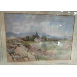 A watercolour of cottages on a hillside road, framed and glazed,