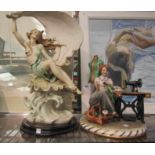 Two bisque figures, Guiseppe Armani maiden on wave figure and sitting seamstress stamped L.