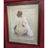 A pastel portrait of young woman sitting in a round wooden bathtub, signed in monogram NG,