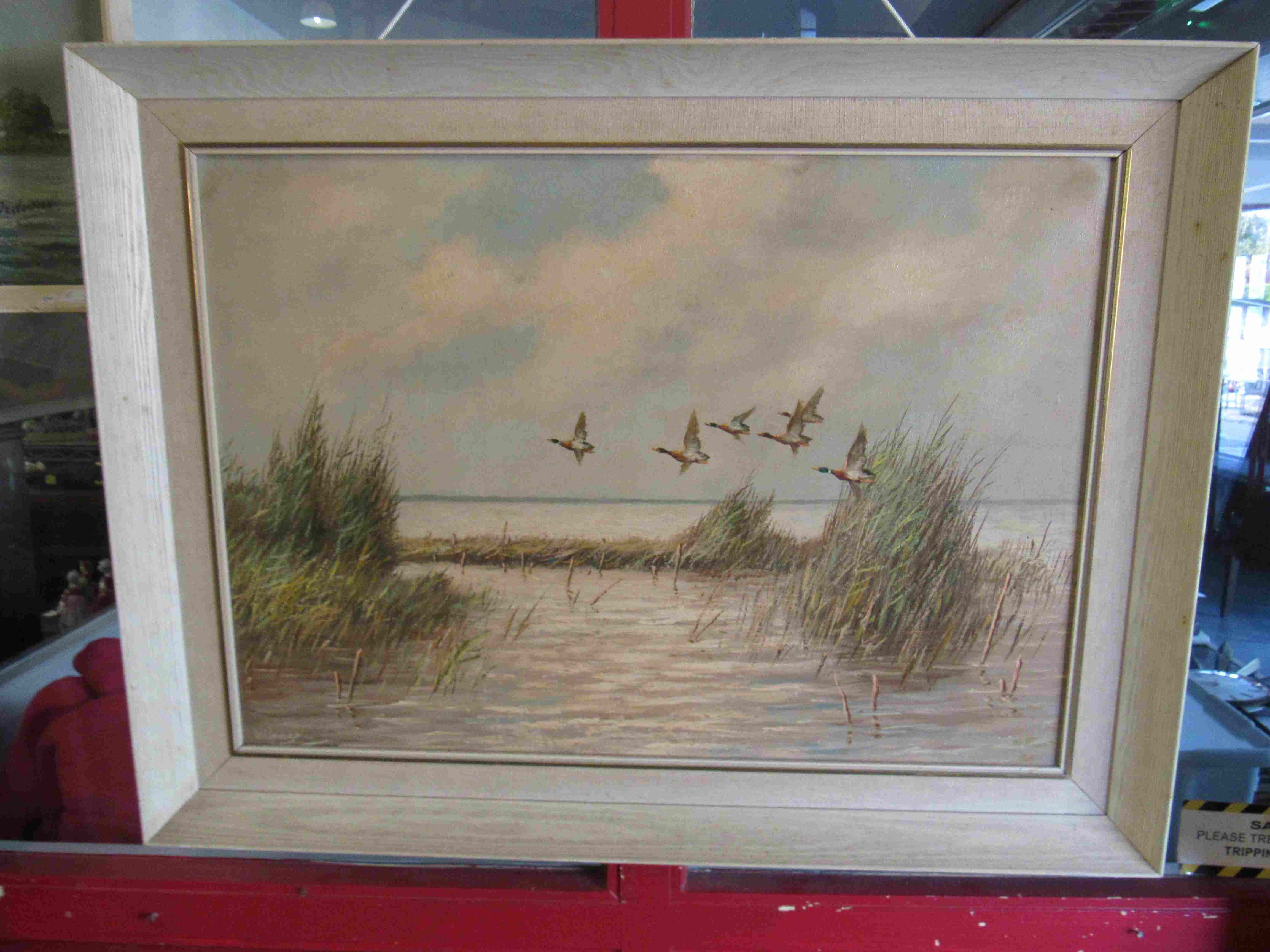 WILLEMGE: Ducks flying over coastal reed beds. Oils on canvas.