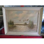 WILLEMGE: Ducks flying over coastal reed beds. Oils on canvas.