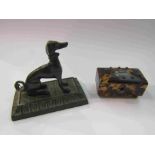 A small 19th Century tortoiseshell box and a bronze dog on plinth,