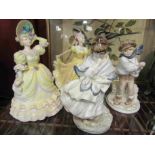 Three Coalport figures and a Royal Doulton figure "Visiting Day", "The Boy" etc.