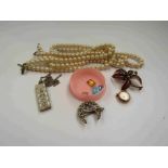 Three strands of faux pearls, watch brooch, paste set crescent brooch,