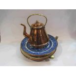 Two Victorian copper warming plates and kettle (3)