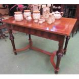 An Edwardian style inlaid library table on ring turned legs to stretcher base, Nordisk Kunst,