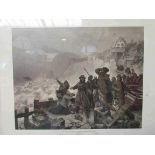 A 19th Century monotone print depicting fishermen and concerned crowd at stormy harbour scene,