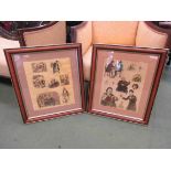 A pair of antique wood framed pictures of 19th Century cartoon etchings celebrating wine and beer,