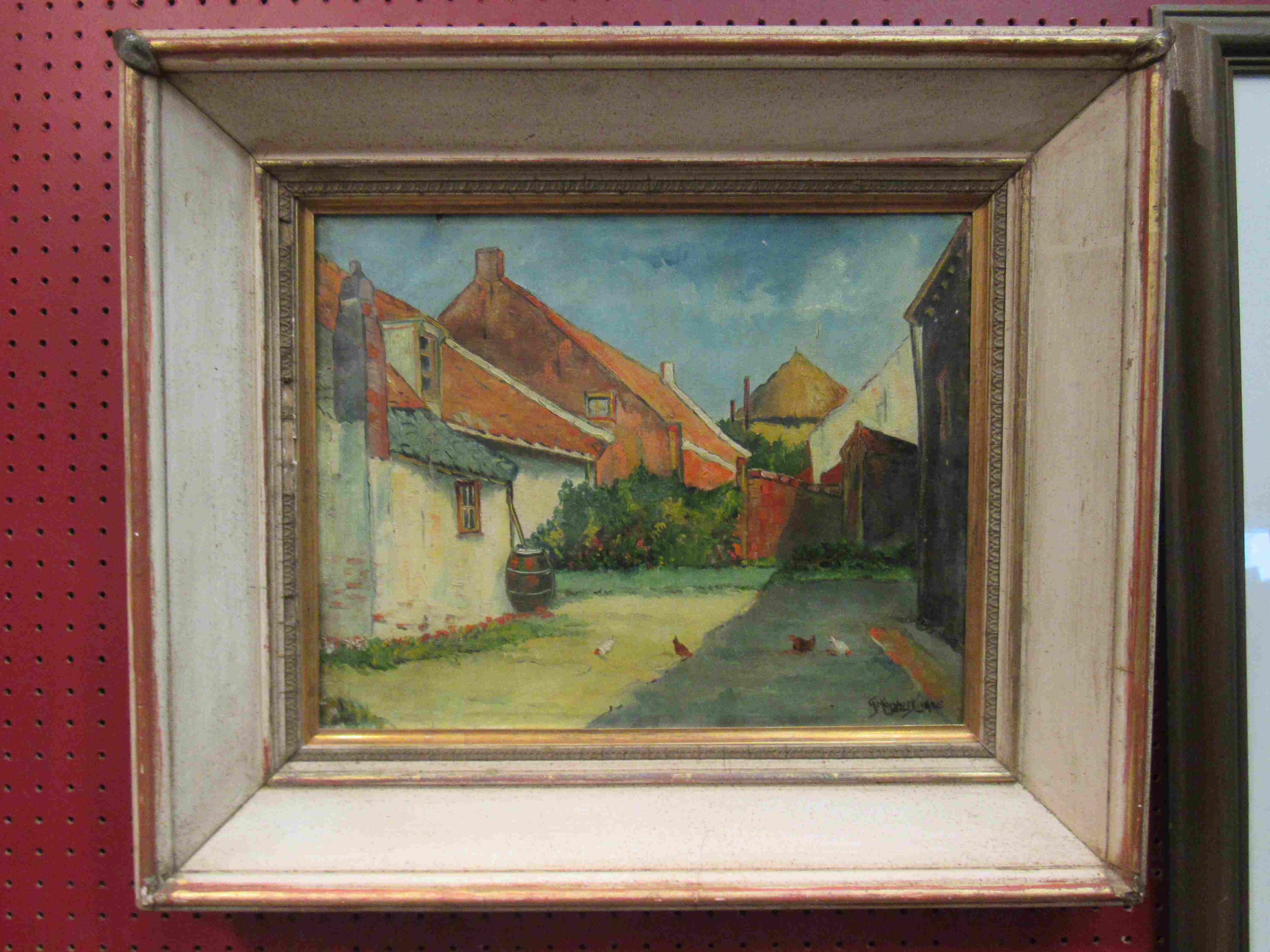 A mid 20th Century oil on canvas laid to panel, farm court yard scene with chickens.