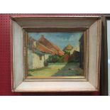A mid 20th Century oil on canvas laid to panel, farm court yard scene with chickens.