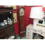 An Edwardian period mahogany grandmother clock with three train striking and chiming movement,