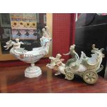 A dragon design bowl on single pedestal and a chariot figure,