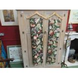 A pair of Sandersons linen union curtains, thistle pattern, green ground, floral lined.