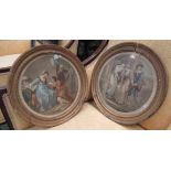 A pair of 19th Century coloured prints of figures in circular gesso frames,